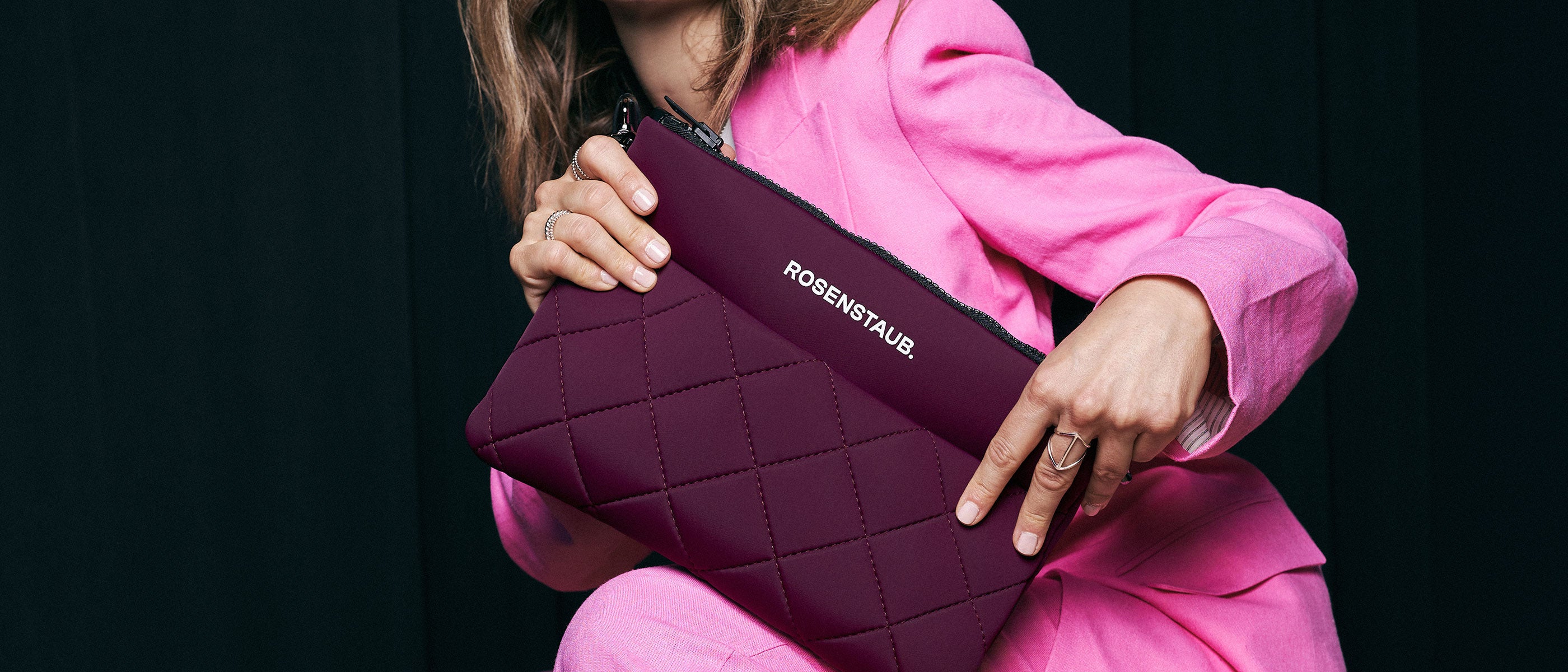 Burgundy Crossbody Bag on Model with Pink Suit - by Rosenstaub