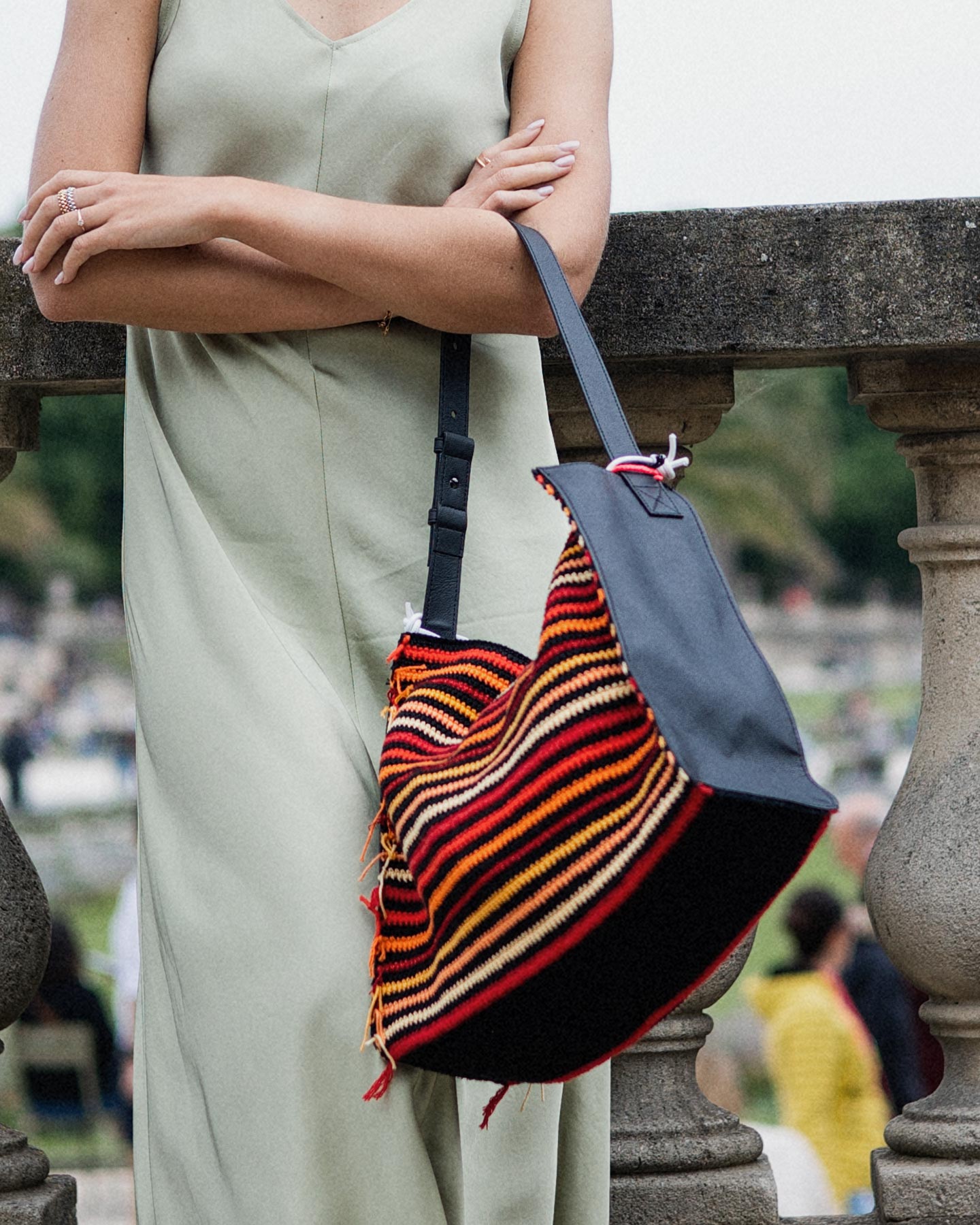 Close-up of the Rosenstaub Crochet Shopper No. 29 of 30 in red, orange, and yellow